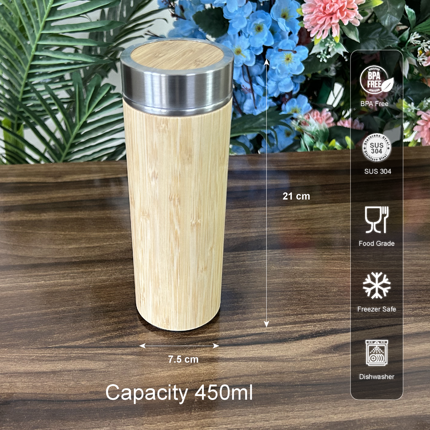 Wooden stainless steel insulated water/tea/Coffee bottle with tea stainer